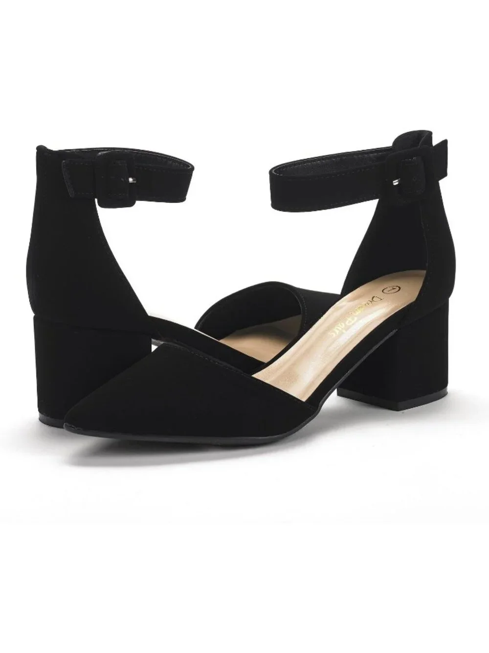 Women's Black Nubuck ANNEE Closed Toe Chunky Block Heels Ankle Strap Pumps Shoes